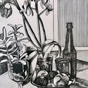 Still Life with Orchids, 8x10 in,  ink 
                on paper