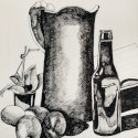 Still Life with Beer Bottle, 8x10 in,  ink on paper